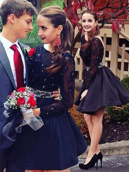 Samantha Lace Homecoming Dresses Scoop Neck Long Sleeve Backless Cut Short Mini Beading Ball Gown