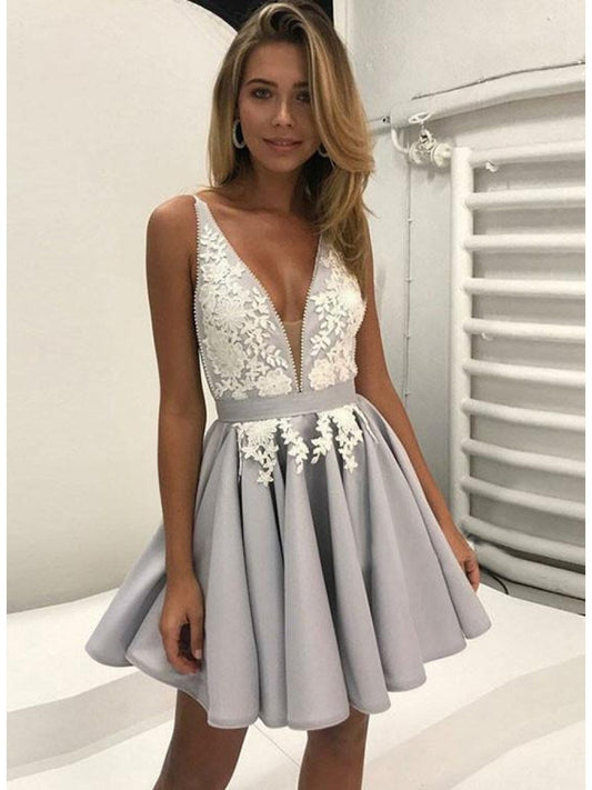 Silver Deep V Neck Satin Sally Homecoming Dresses Lace A Line Straps Appliques Pleated Flowers