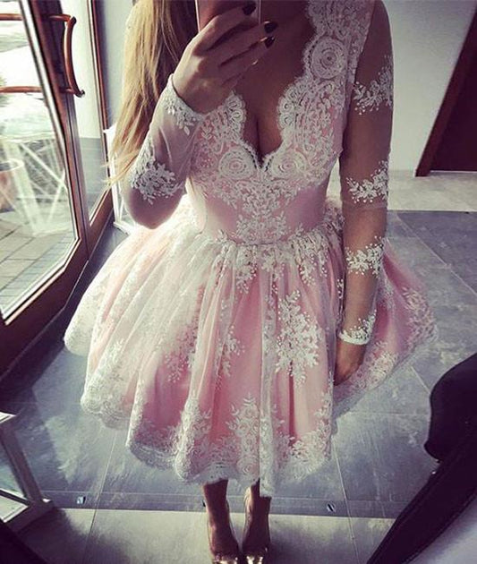 Long Sleeve Deep Lace Homecoming Dresses Pink Kristin V Neck Ball Gown Flowers Pleated