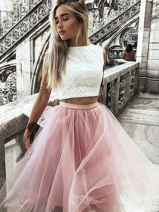 Halter Jewel Tulle Pleated Pink A Line Ryann Lace Two Pieces Homecoming Dresses Sleeveless
