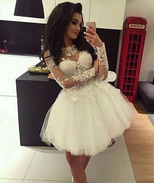 Jewel Long Sleeve Homecoming Dresses Anastasia Lace A Line Appliques Pleated Tulle Sheer Short