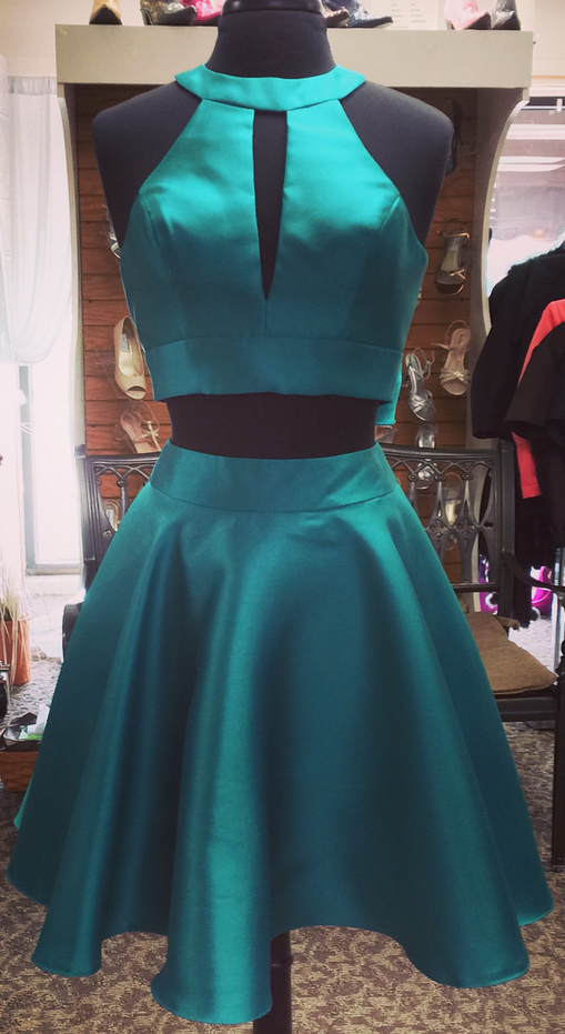 Halter Homecoming Dresses Joyce Satin Two Pieces A Line Sleeveless Cut Out Bow Knot Teal Pleated