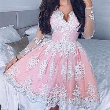 Long Sleeve Ball Gown Pleated Lace Pink Homecoming Dresses Zoie Deep V Neck Sheer Flowers Mini