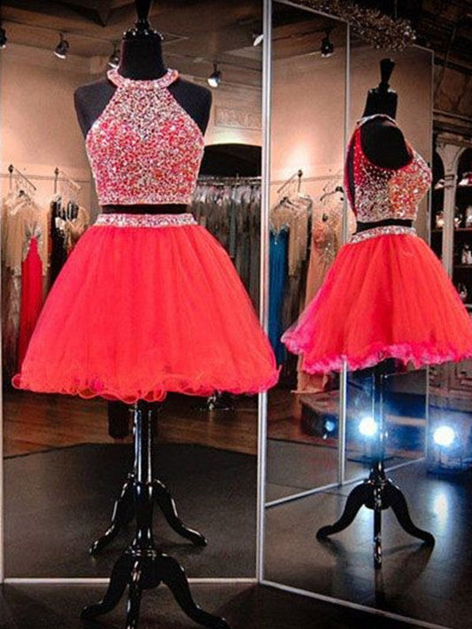 Sleeveless Pleated Organza Red Halter Homecoming Dresses A Line Two Pieces Vivien Rhinestone Backless