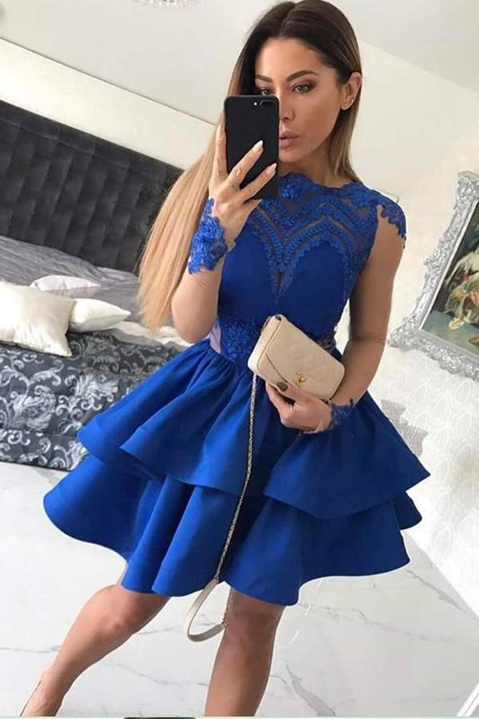 Jewel Long Sleeve Appliques Meadow Homecoming Dresses Satin Royal Blue Lace Tiered Short