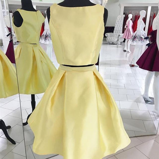 Bateau Sleeveless Pleated Mylie A Line Two Pieces Satin Homecoming Dresses Simple Light Yellow