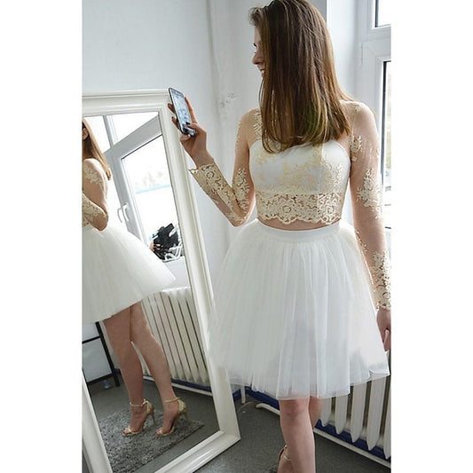 Long Sleeve White Jewel Appliques Lace Reagan Homecoming Dresses Tulle Cut Out Sheer Ball Gown