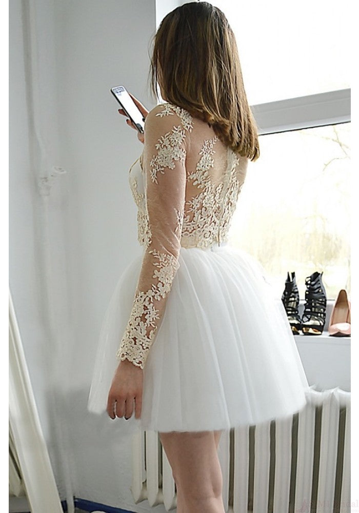 Long Sleeve White Jewel Appliques Lace Reagan Homecoming Dresses Tulle Cut Out Sheer Ball Gown