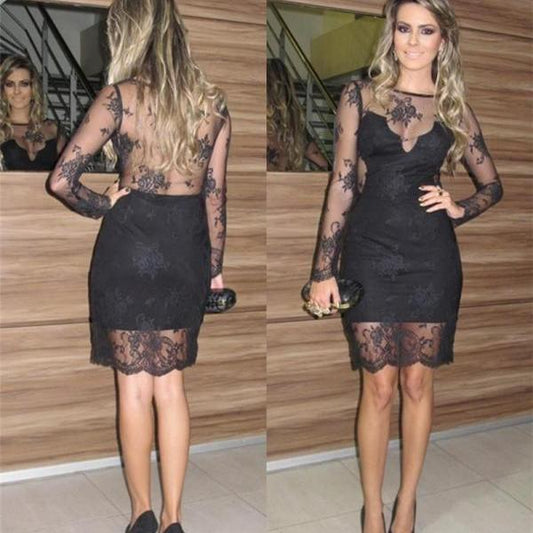 Sexy Black Long Sleeve Sheath Sheer Back Lorna Homecoming Dresses Lace Flowers See Through