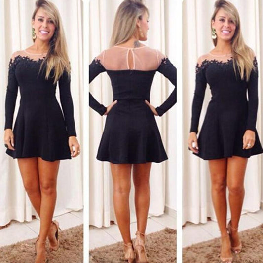 Scoop Long Sleeve Sheer Black Pleated Jacquelyn A Line Homecoming Dresses Satin Short Cut Out Appliques