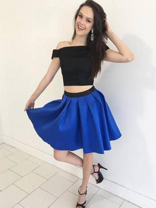 Off The Juliet Satin Two Pieces Royal Blue Homecoming Dresses A Line Shoulder Pleated Elegant