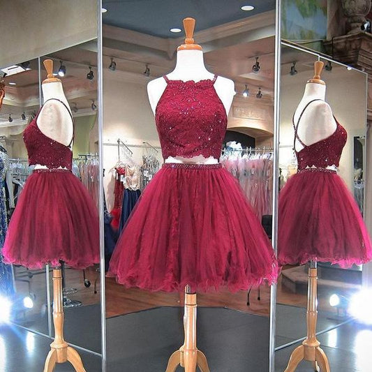 Burgundy Beading Halter A Line Tatiana Two Pieces Homecoming Dresses Criss Cross Backless Organza