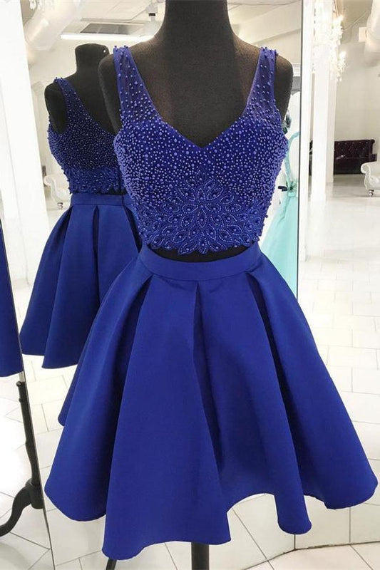 V Neck Sleeveless Satin Two Pieces Royal Blue Homecoming Dresses Jaden A Line Beading Backless