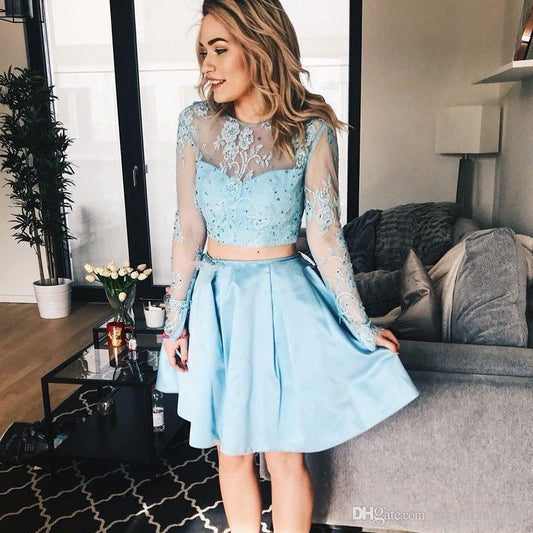 Long Sleeve Jewel Regan A Line Lace Homecoming Dresses Satin Two Pieces Appliques Sheer Light Blue