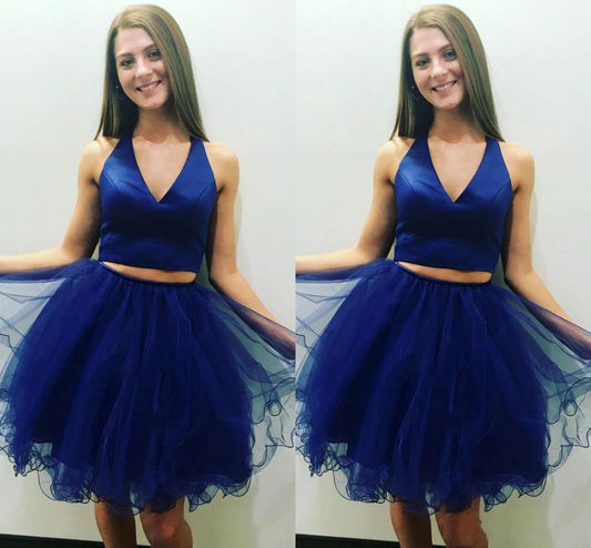 V Neck Sleeveless Pleated Royal Blue Two Pieces Nataly A Line Homecoming Dresses Organza