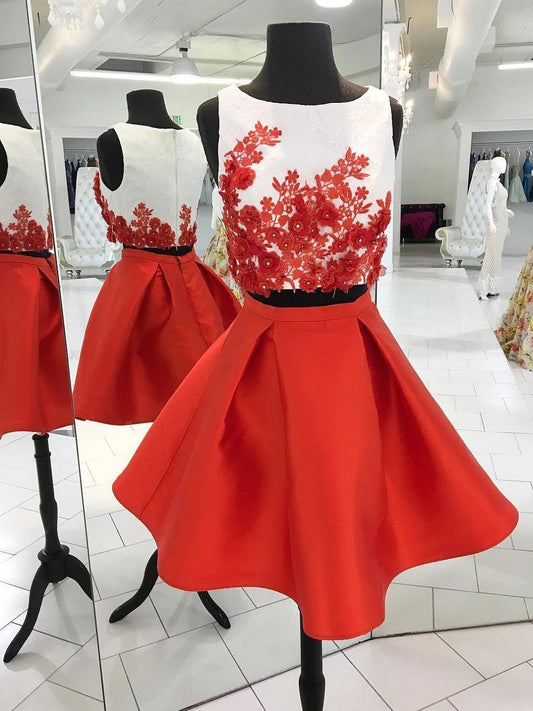 Sleeveless Jewel Pleated Red Satin Homecoming Dresses Maeve Two Pieces Appliques Flowers Short