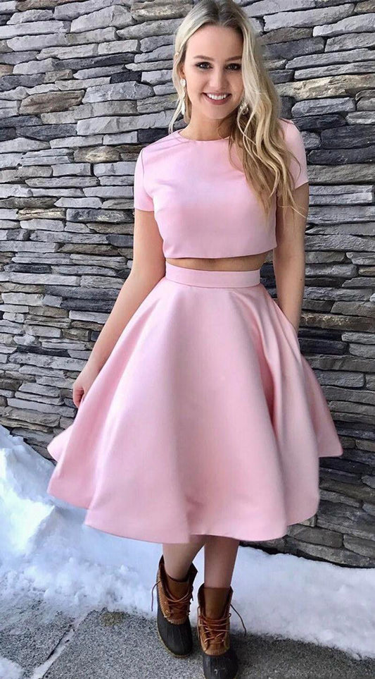 Short Sleeve Satin Pink A Line Libby Homecoming Dresses Two Pieces Jewel Pleated