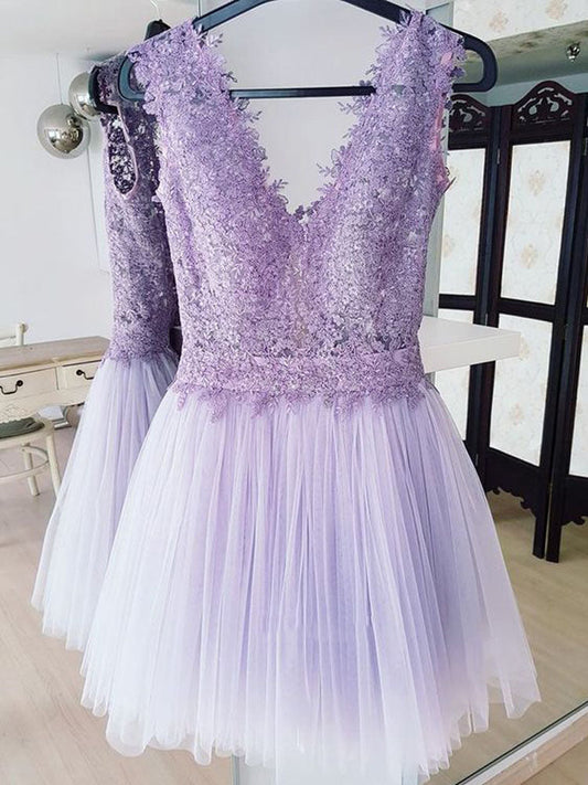 Deep V Lace Kiana A Line Homecoming Dresses Neck Lavender Tulle Pleated Sleeveless Backless