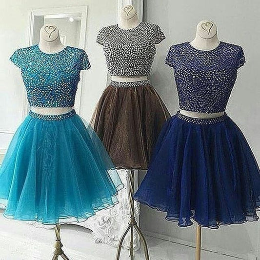 Cap Sleeve Organza Pleated A Line Homecoming Dresses Two Pieces Suzanne Rhinestone Round Neck