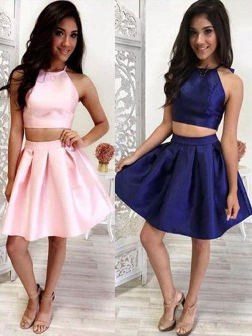Halter Homecoming Dresses A Line Anastasia Satin Two Pieces Sleeveless Short Pleated