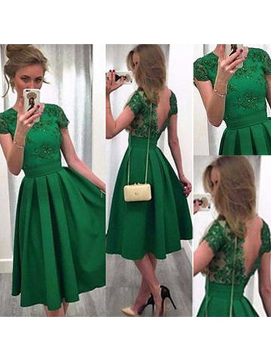 Short Sleeve Backless Homecoming Dresses Stacy Satin A Line Lace Hunter Pleated Jewel Appliques