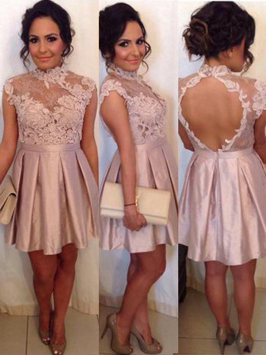Appliques Sheer High Neck Backless Cap Sleeve Satin Homecoming Dresses Ava Lace Dusty Rose
