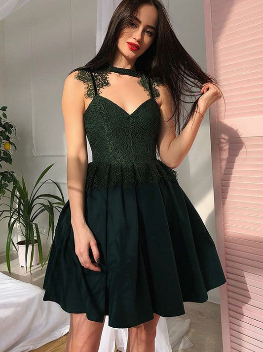 Sleeveless Pleated V Neck Appliques Dark Karen Homecoming Dresses A Line Satin Lace Green
