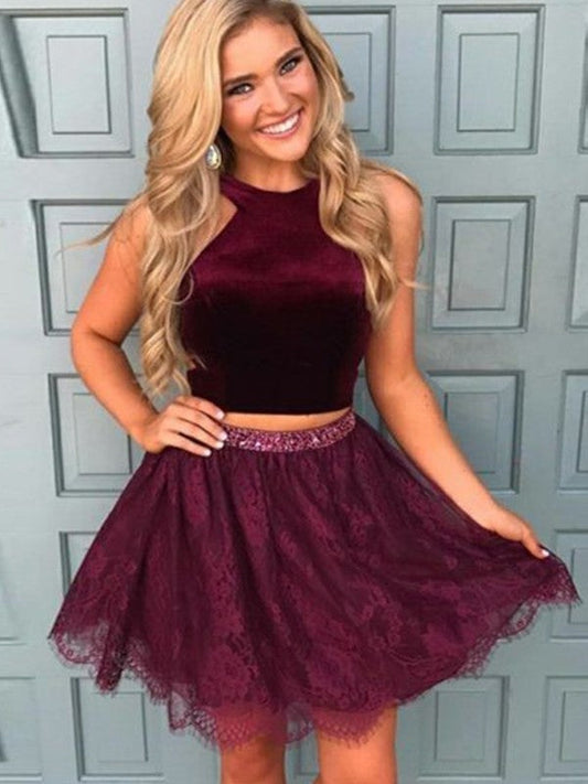 Burgundy Halter Sleeveless Flowers Two Pieces Homecoming Dresses Lace A Line Susan Beading