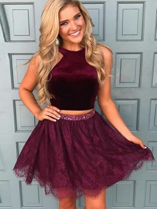 Burgundy Halter Sleeveless Flowers Two Pieces Homecoming Dresses Lace A Line Susan Beading