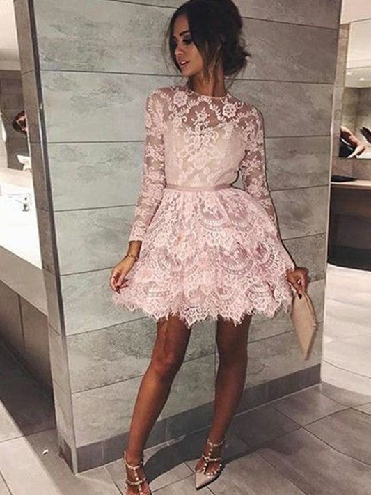 Long Sleeve Jewel Tiered Lace Maisie A Line Pink Homecoming Dresses Short Flowers Sheer