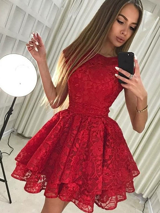 Red Pleated Appliques Flowers Pleated Tulle Cap Lace A Line Homecoming Dresses Karina Sleeve