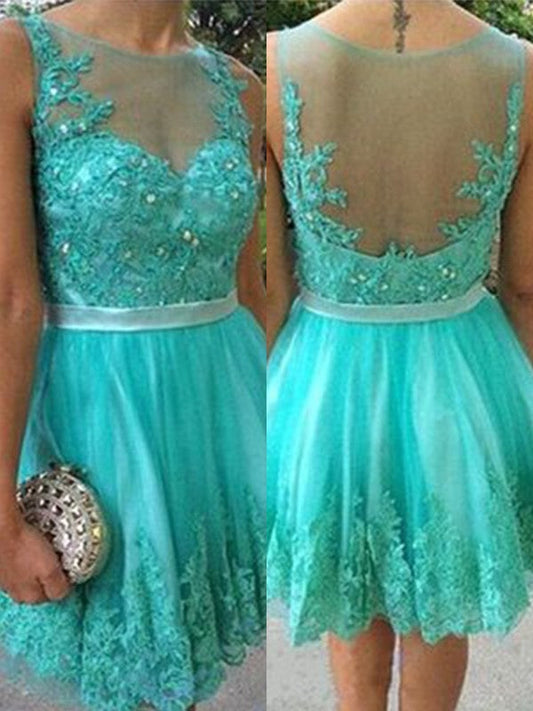 Turquoise Sheer Homecoming Dresses Lace Natalee Sleeveless Jewel Pleated Short Appliques