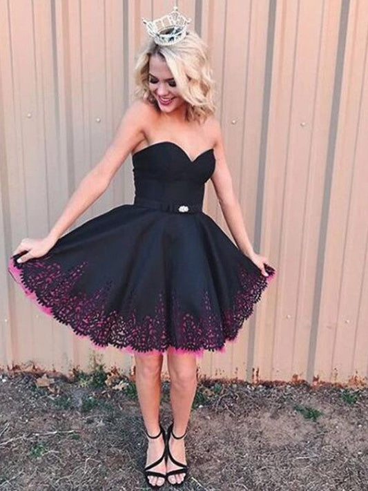 Strapless Sweetheart Black Pleated Homecoming Dresses A Line Lace Satin Kyleigh Above Knee