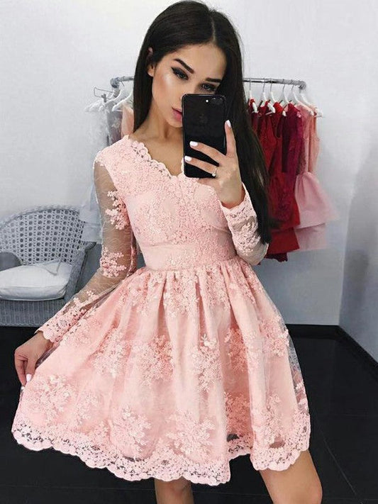 Homecoming Dresses Pink Saige Lace A Line Long Sleeve V Neck Appliques Sheer Flowers Short