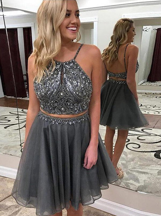 Two Pieces Patti Homecoming Dresses A Line Halter Spaghetti Straps Grey Backless Organza Beading
