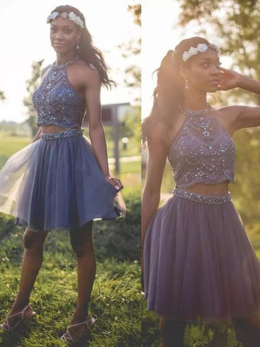 Halter Sleeveless Two Pieces A Line Sanai Homecoming Dresses Pleated Tulle Beading Short