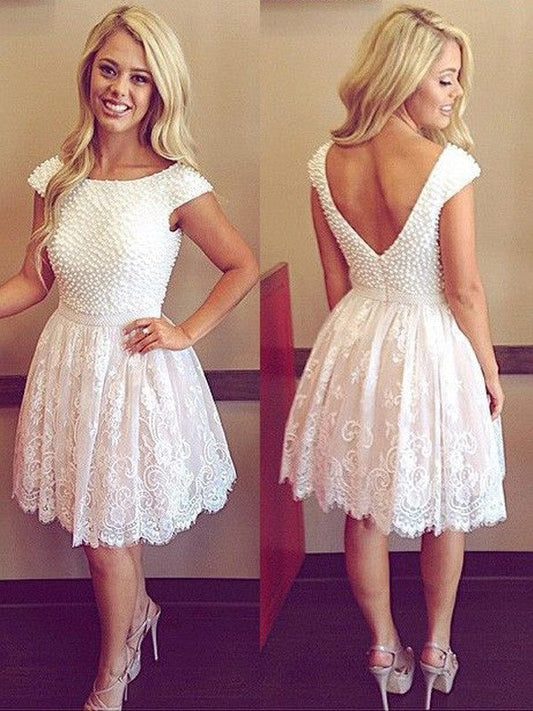 Scoop Cap Sleeve White Ball Gown Mercedes Homecoming Dresses Lace Flowers Backless Beading