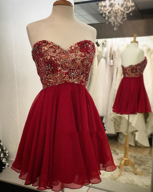 Backless Homecoming Dresses Maci Chiffon Lace A Line Strapless Sweetheart Red Pleated Beading
