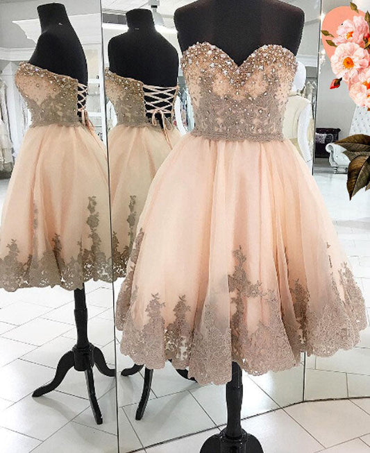 Strapless Sweetheart Backless Appliques Rhinestone Lace A Line Giuliana Homecoming Dresses Pleated