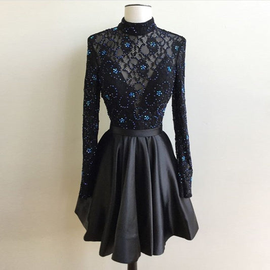 Beading Pleated Black Long Sleeve High Lilia Homecoming Dresses Lace Satin A Line Neck Short