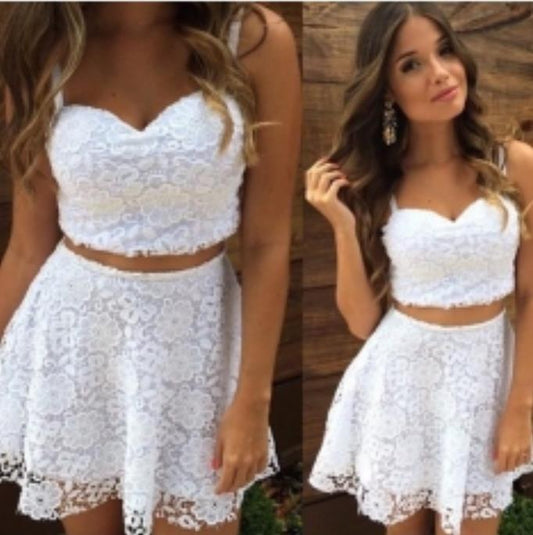 Homecoming Dresses Jacey Lace Two Pieces A Line Spaghetti Straps Sweetheart White Short