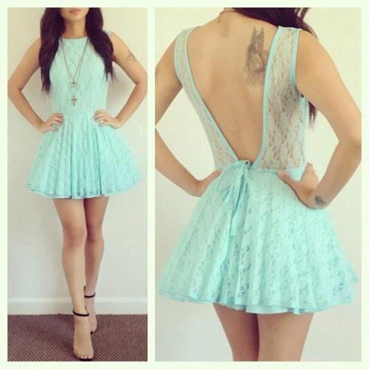 Backless Jewel Sleeveless Pleated Blue Lace Homecoming Dresses Poll A Line Hollow Short