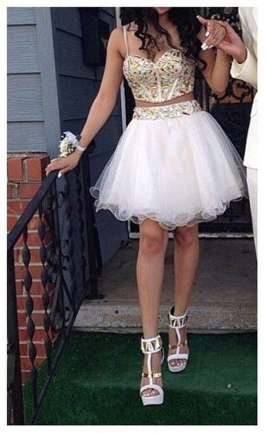 Two Pieces A Line Homecoming Dresses Jaylene Spaghetti Straps Rhinestone Organza White Sweetheart
