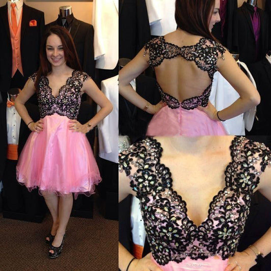 Cap Sleeve A Line Pink Chanel Homecoming Dresses Lace V Neck Backless Appliques Rhinestone Organza