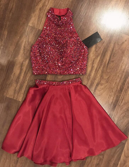 Halter Sleeveless Red Beading Two Pieces Satin A Line Priscilla Homecoming Dresses Pleated Short