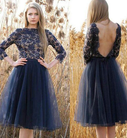 Jewel Long Sleeve Dark Navy Backless Flowers A Line Lace Britney Homecoming Dresses Tulle Pleated