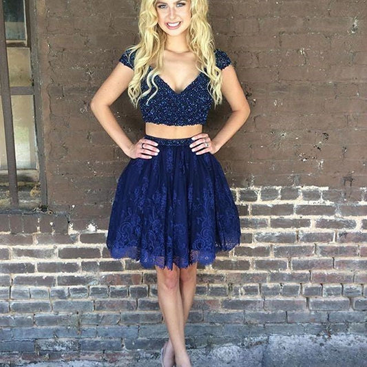 Cap Sleeve Deep Two Pieces Homecoming Dresses Lace Caitlyn A Line V Neck Dark Navy Beading