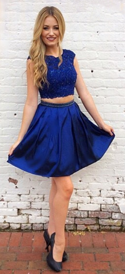 Cap Sleeve Pleated Appliques A Line Two Pieces Payten Satin Royal Blue Homecoming Dresses Short