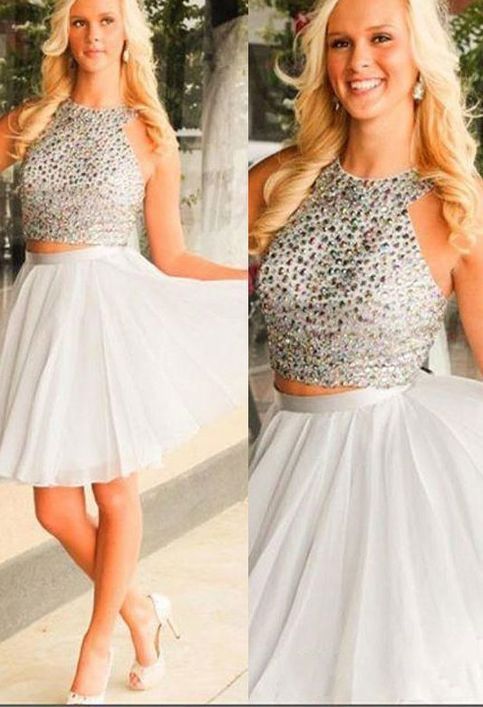 Halter Sherlyn Two Pieces Chiffon A Line Homecoming Dresses Sleeveless White Beading