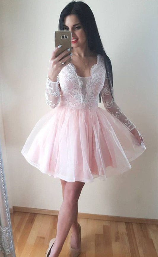 Long Sleeve Sheer Tulle Pleated Short Deep V Neck Lorelei Lace Pink Homecoming Dresses Exquisite